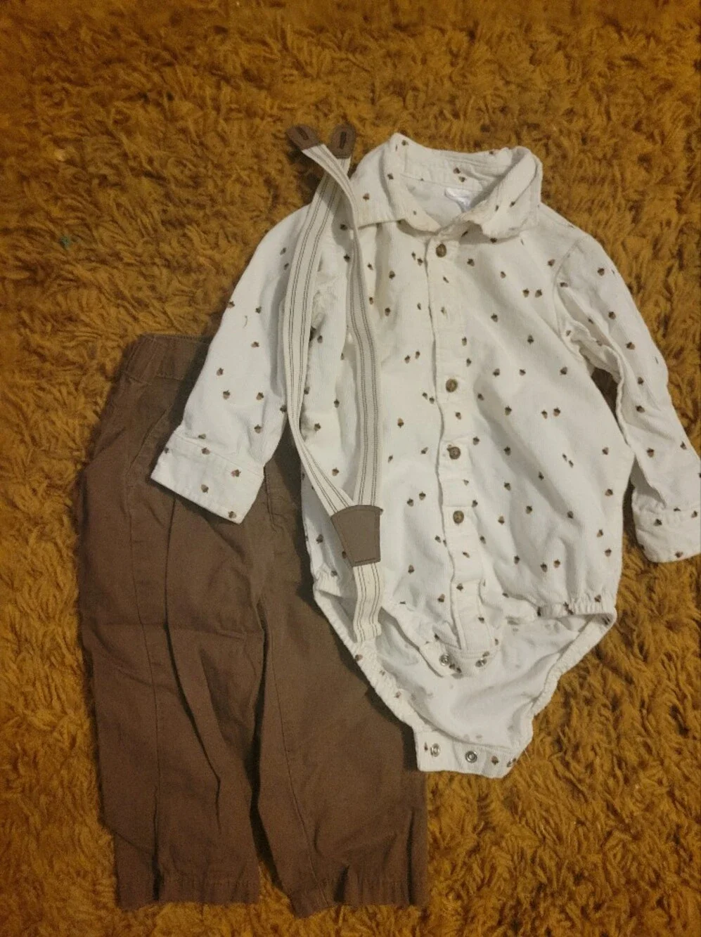 Carter's White Printed Bodysuit with Brown Pants and Tan Suspenders